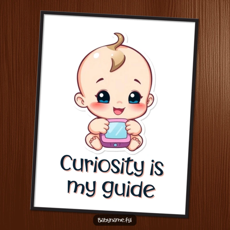 Funny digital art print of a smiling baby character reaching for a soft mobile, evoking curiosity and wonder.
