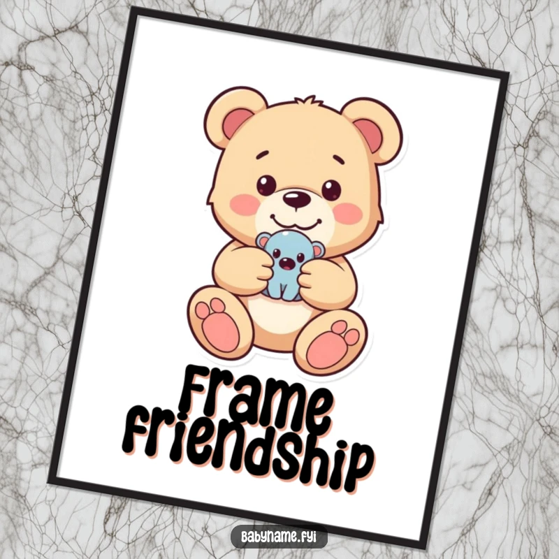 Funny digital art print of a happy teddy bear holding a tiny toy, evoking warmth, comfort, and playful innocence for easy decor.