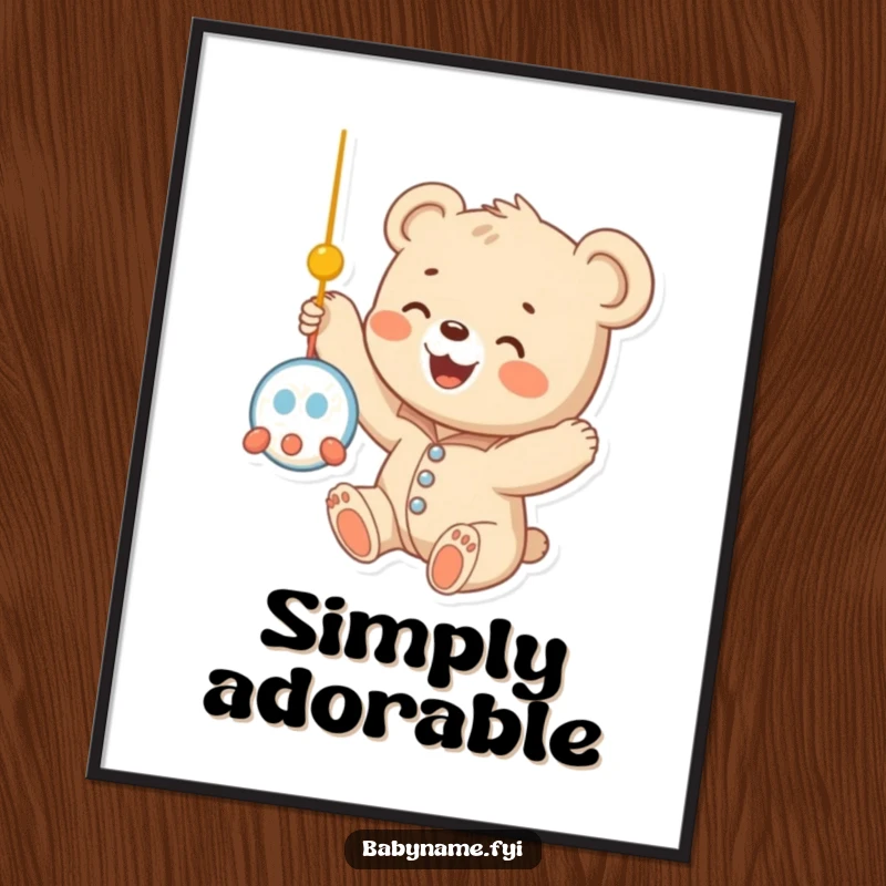 Funny baby bear cub in a cute onesie, reaching for a vibrant mobile, capturing a moment of sweet curiosity, perfect for digital art prints.