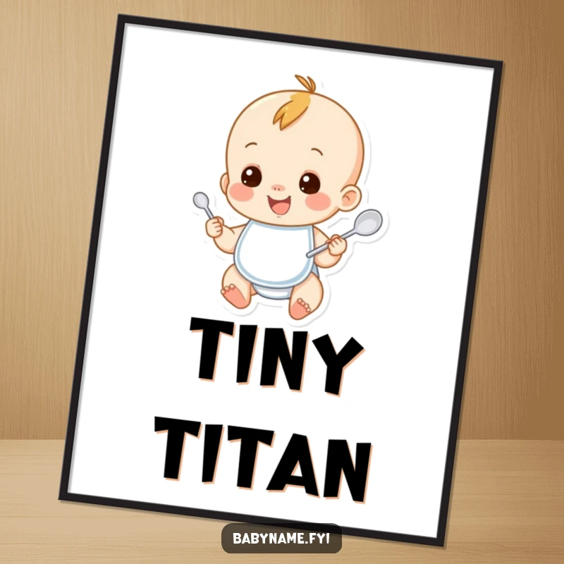 Funny baby digital art print of a smiling baby character wearing a bib and holding a spoon. Adorable and humorous wall decor for instant download.