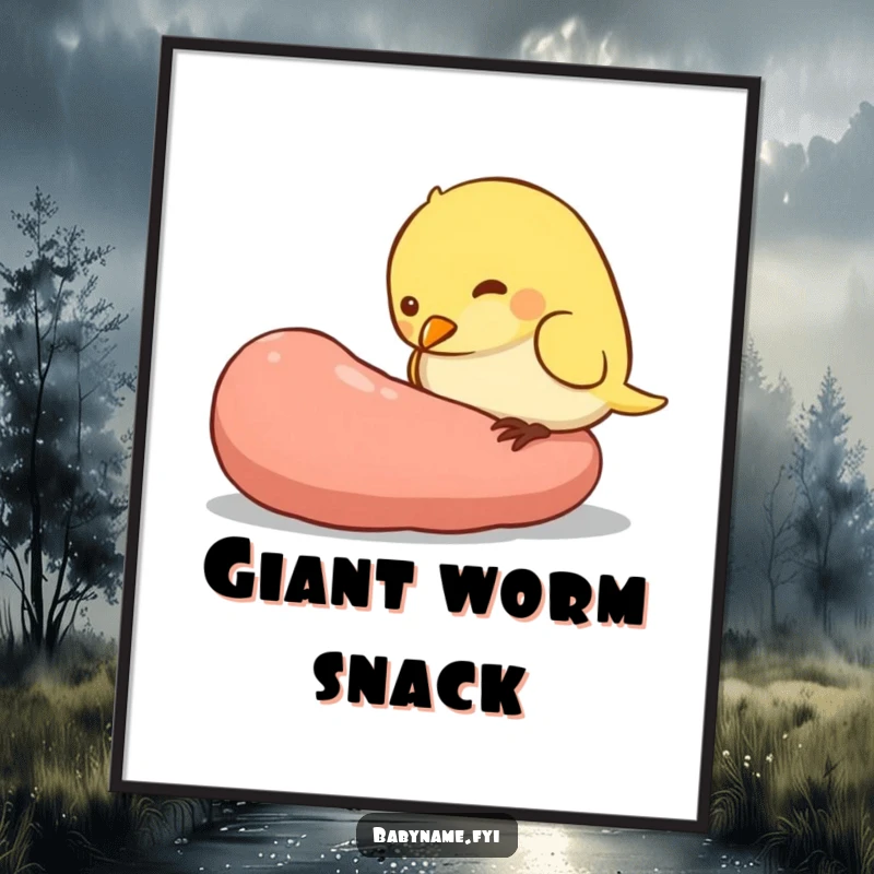 Funny digital art print of a small, plump baby bird character aggressively pecking at a giant worm, a humorous and charming piece.