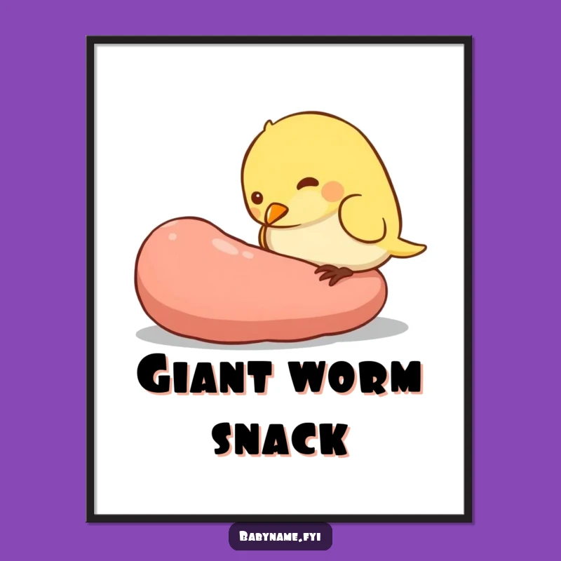 Funny Baby Bird Digital Art, Giant Worm Pecking Scene Print