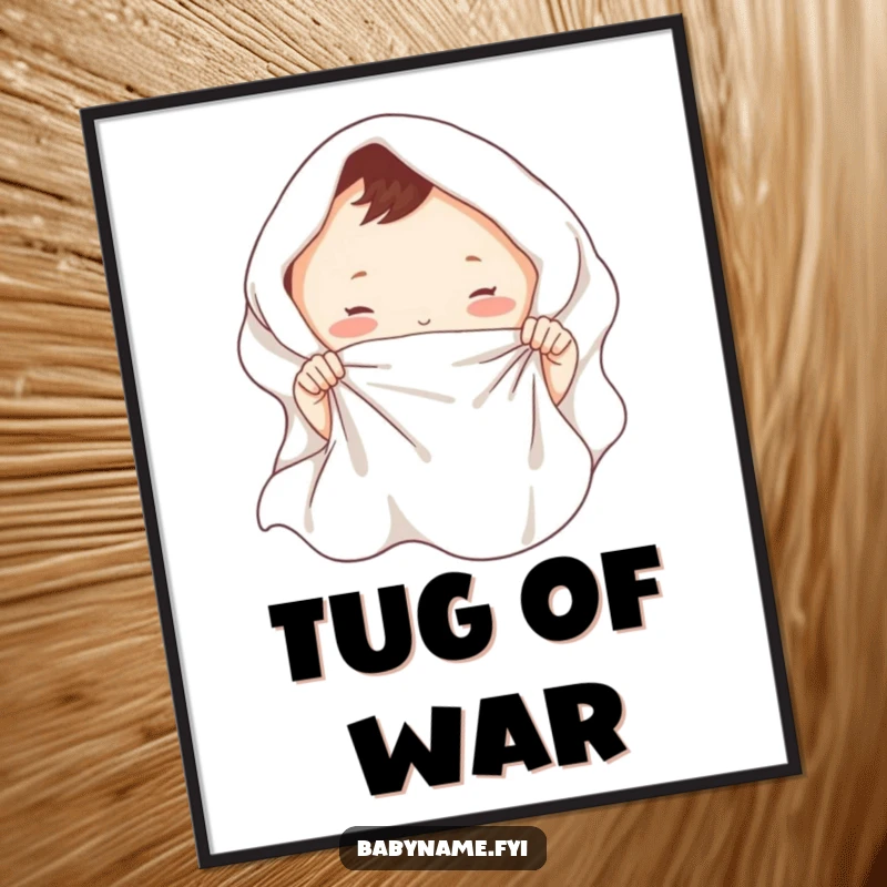 Funny baby blanket digital art print of tiny hands playfully tugging a soft blanket, evoking sweet, humorous parenting joy.