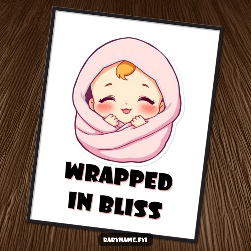 Funny digital art print of a contented baby smiling, wrapped in a soft blanket. Instant serene decor.