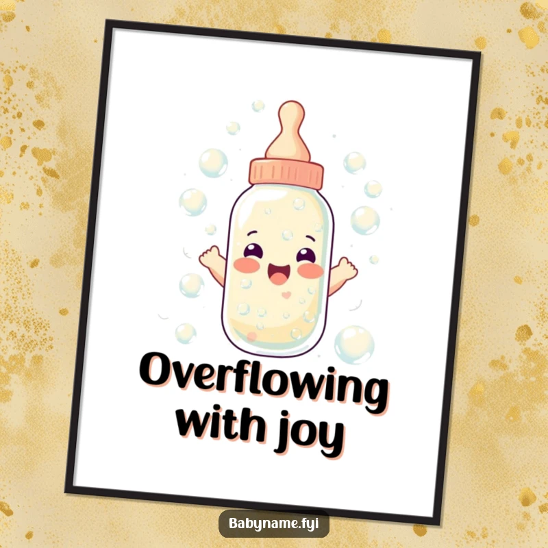 Funny baby bottle digital art print of a bottle overflowing with happy bubbles, a vibrant and humorous piece for uplifting any room.