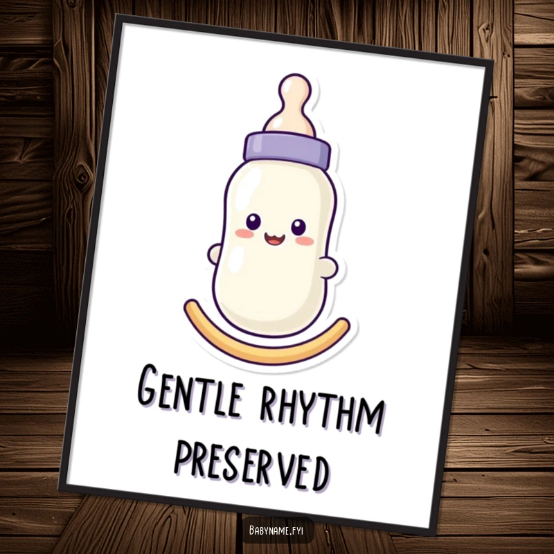 Funny baby bottle digital art print with a smiling face, gently rocking, perfect for instant, comforting nursery decor.