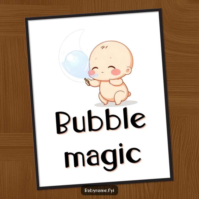 Funny baby bubble digital art print, a high-resolution download of a chubby baby character joyfully blowing a large bubble.