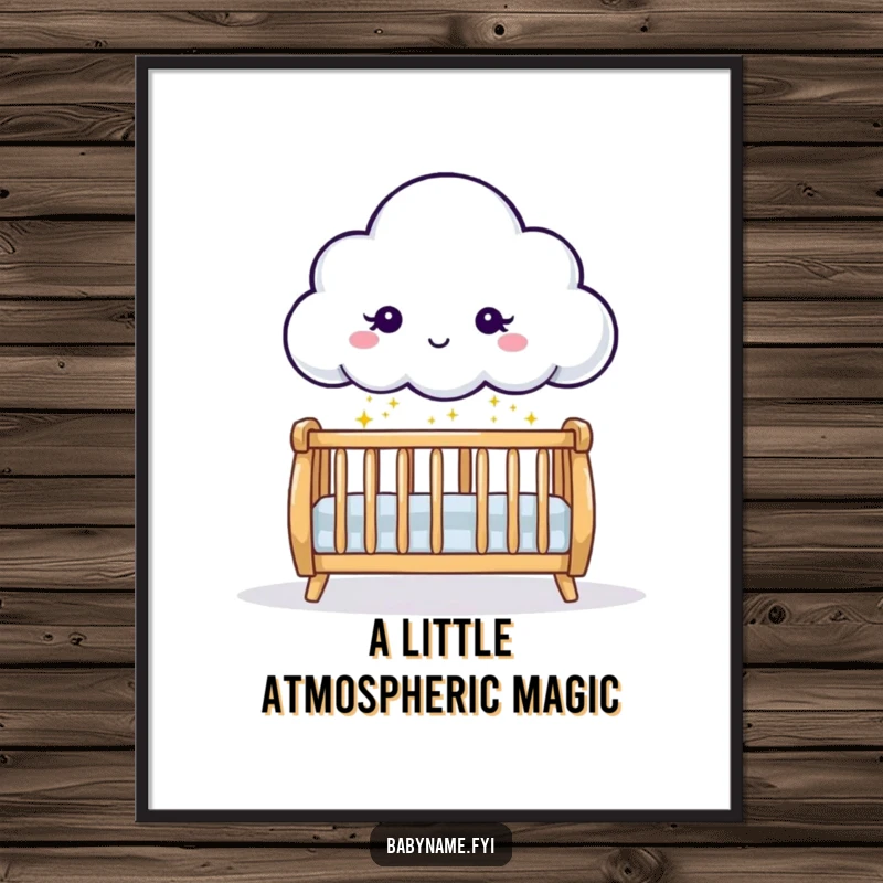 Funny playful cloud character sprinkling gentle sparkles downward onto a crib, as a downloadable digital art print for nursery decor.