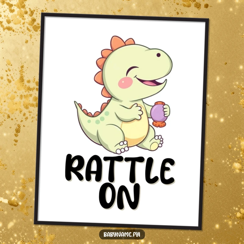 Funny Digital Art Print of a giggling baby dinosaur playing with a rattle, ready to print and bring smiles.