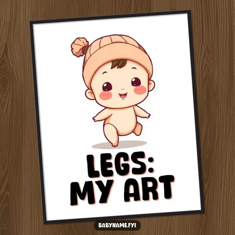 Funny digital art print of a baby character in a cap, kicking legs. Instant humorous wall art.