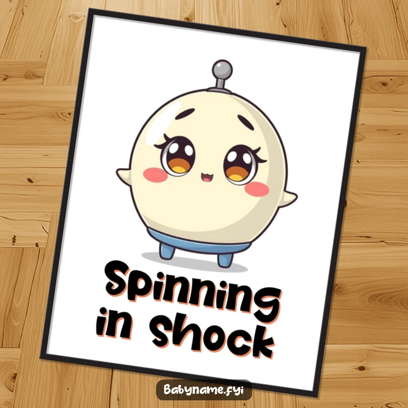 Funny baby mobile digital art print of a mobile spinning with wide, surprised eyes, a vibrant and humorous piece for uplifting any room.