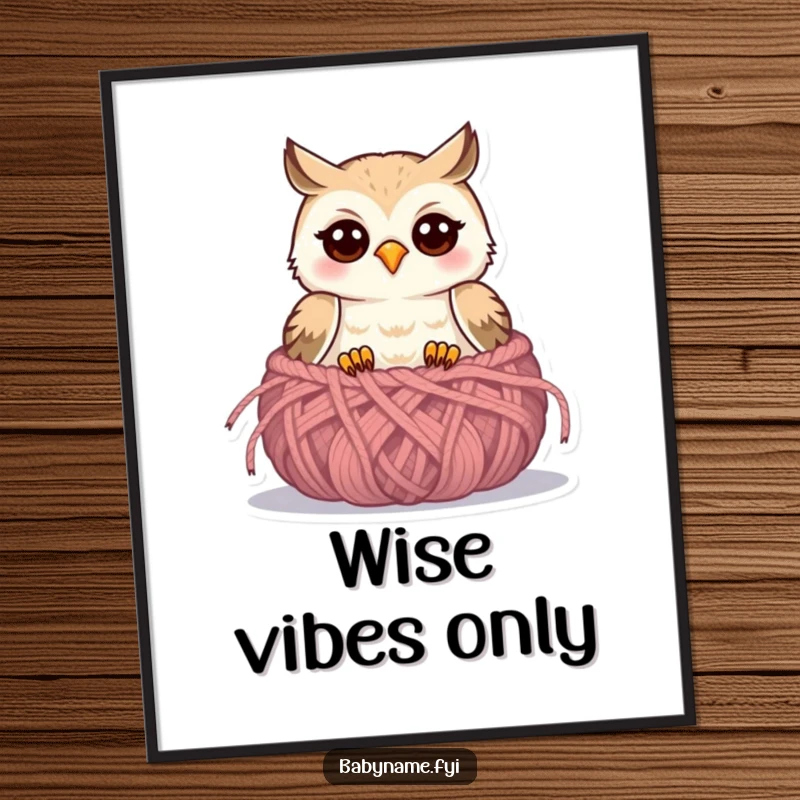Funny baby owl digital art print of a cute owlet peeking from a knitted nest, ready to bring smiles.