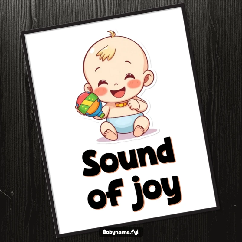 Funny digital art print of a happy baby character shaking a colorful rattle. Instant joyful decor.