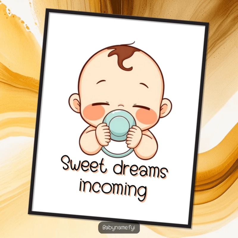 Funny digital art print of a serene baby with rosy cheeks holding a pacifier, perfect for calming decor.