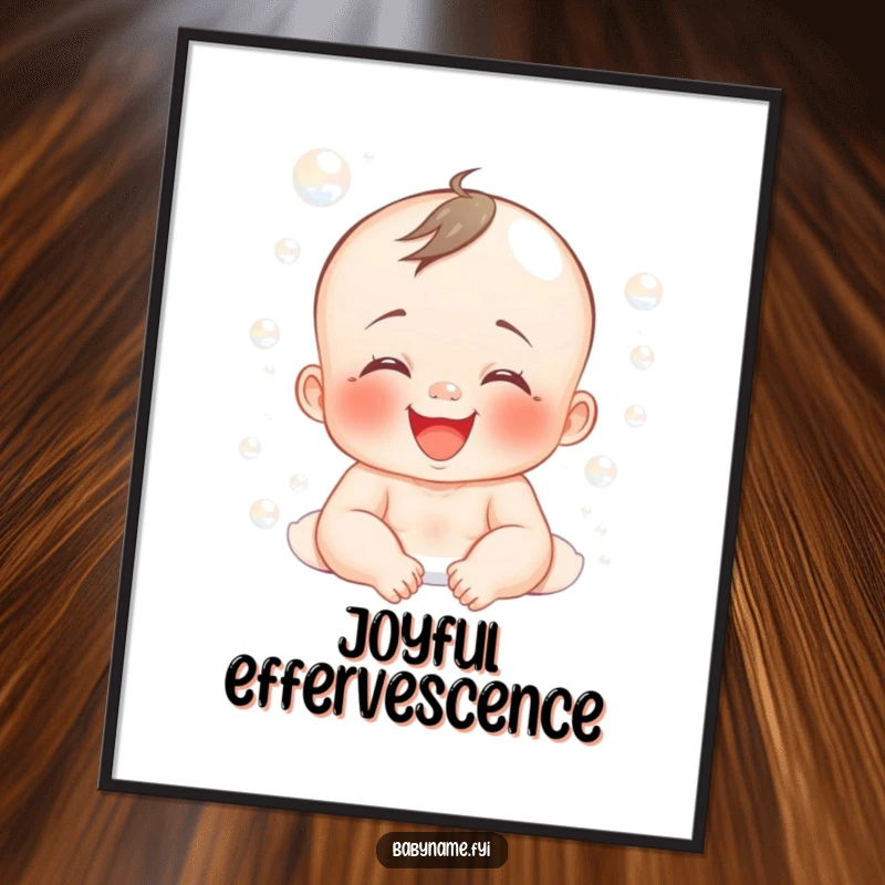 Funny digital art print of a baby joyfully giggling while covered in soft bubbles, perfect for cheerful decor.