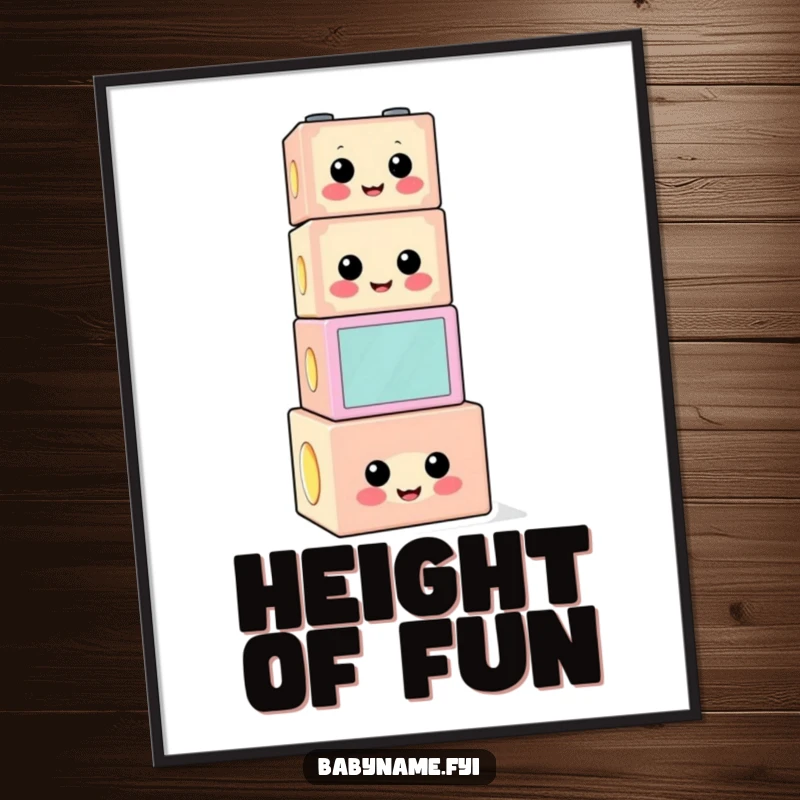 Funny building block digital art print of a cheerful, precariously stacked character, offering immediate humorous appeal.