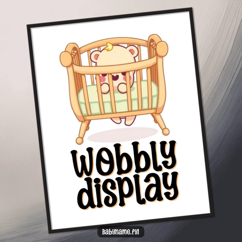 Funny digital art print of a playful crib railing with a wobbly leg, offering instant humor and personality to nursery decor.