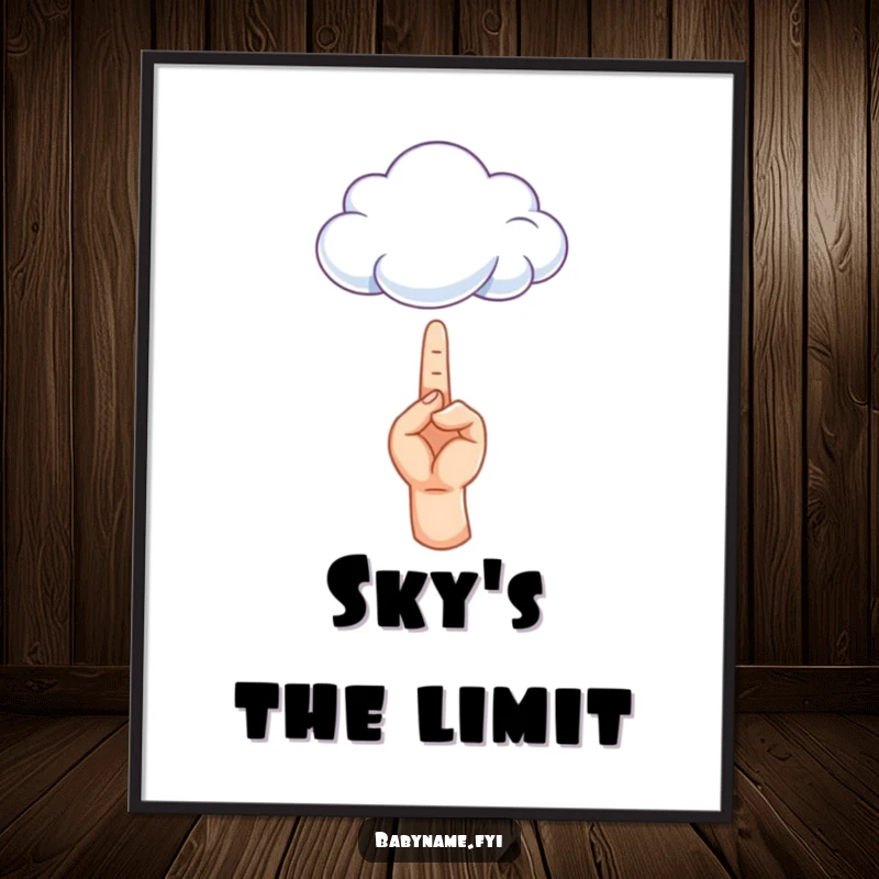 Funny digital art print of a child's hand reaching for a fluffy cloud, perfect for nursery or living room decor.