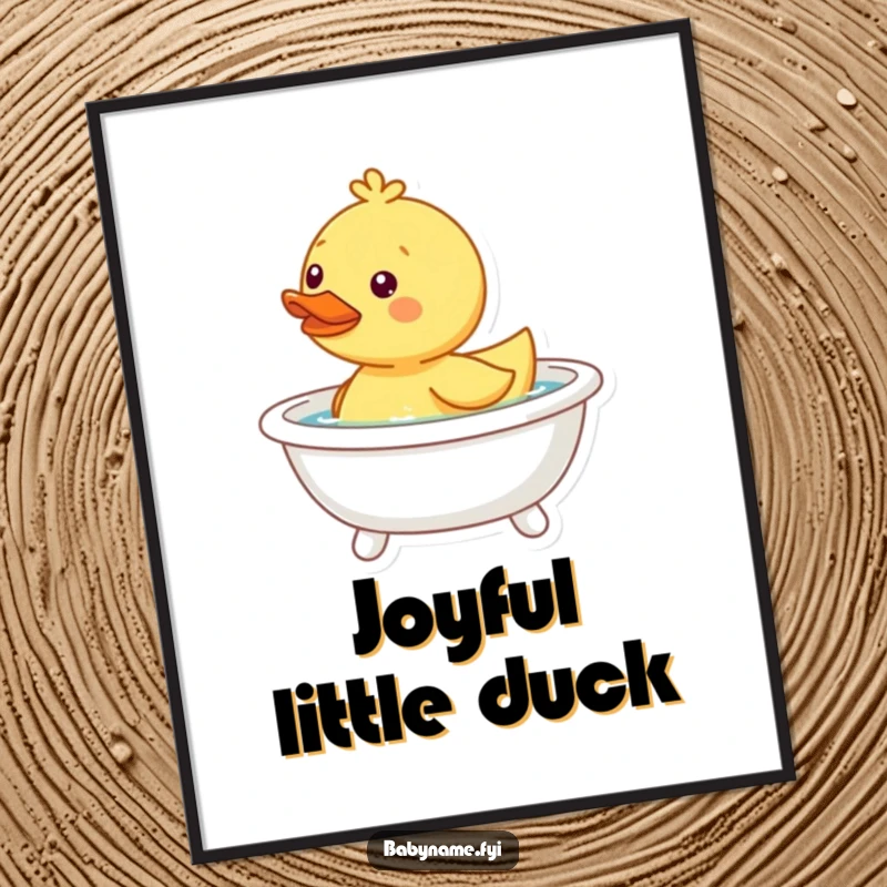 Funny happy duckling digital art, bobbing in a tiny bathtub, perfect for instant wall decor.
