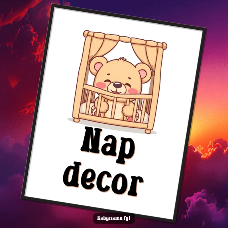 Funny giggling teddy bear peeking from a crib, as a downloadable digital art print, offering instant adorable and humorous baby decor.