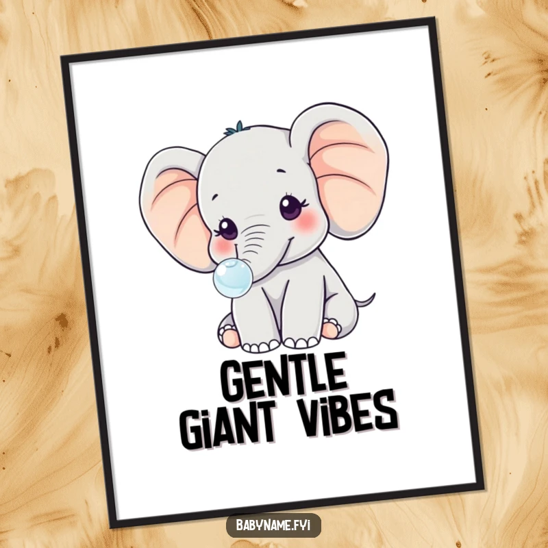 Funny kawaii baby elephant with giant ears, blowing a tiny bubble, captured in a sweet and humorous pose for digital art prints.