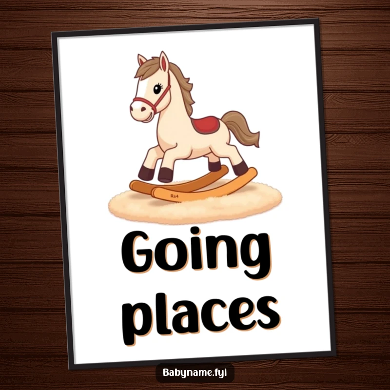 Funny rocking horse digital art print, downloadable art of tiny legs galloping, conveying humor and effort.