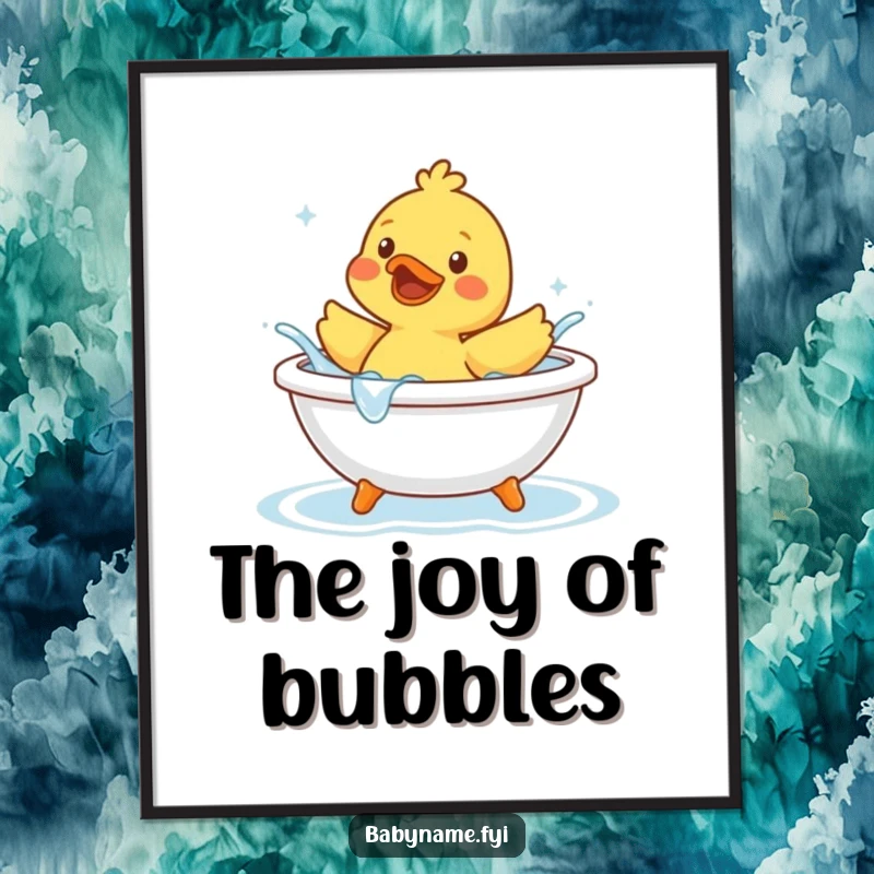 Funny rubber duck character joyfully splashing water in a tiny bathtub, as a downloadable digital art print for humorous decor.