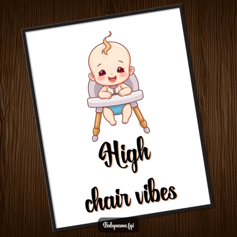 Funny Happy Baby Digital Art Print of a cute baby sitting happily in a cozy high chair, offering instant heartwarming decor.