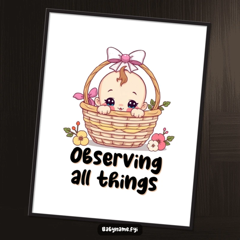 Funny baby peeking from a gift basket, a digital art print ready for download, bringing playful and humorous curiosity.