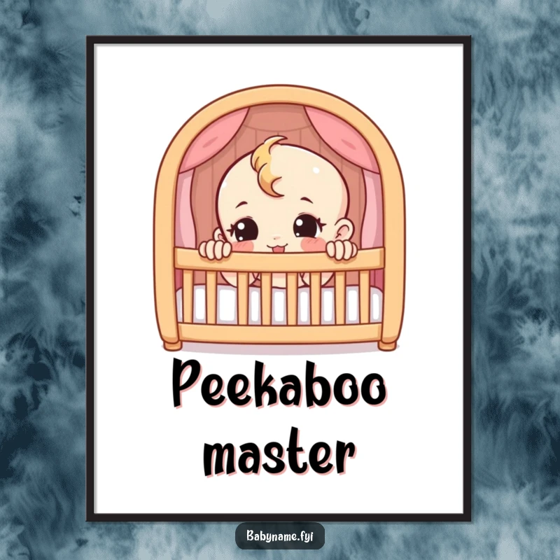 Funny digital art print of a mischievous baby character peeking from a crib. Instant playful decor.