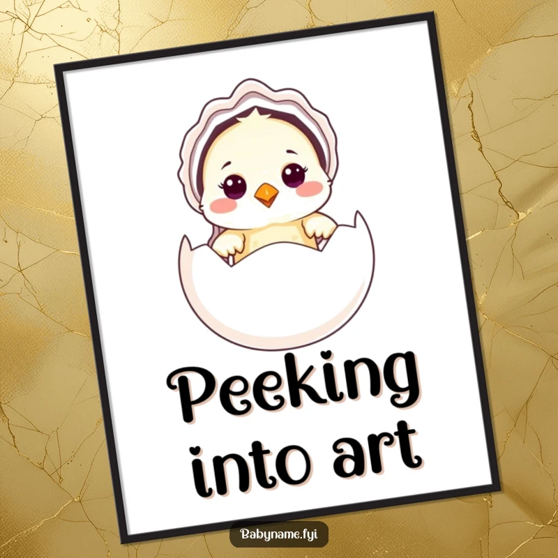Funny Baby Bird Digital Art Print showing a cute baby bird in a bonnet peeking from an egg, perfect for instant decor.
