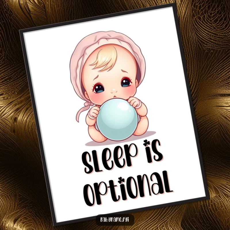 Funny baby in bonnet peeking over a rattle, a high-quality and funny digital art print.