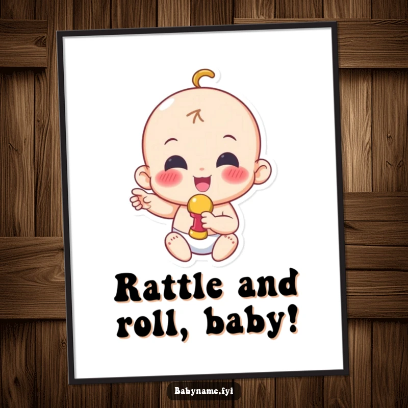 Funny digital art print of a cheerful baby character joyfully shaking a rattle, radiating pure excitement and fun.