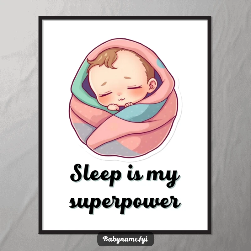 Funny digital art print of a peacefully sleeping baby character, wrapped in soft, colorful blankets, conveying tranquility.
