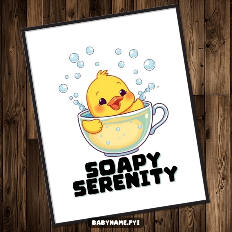 Funny digital art print of a smiling rubber ducky character frantically trying to swim in a teacup filled with bubbles.