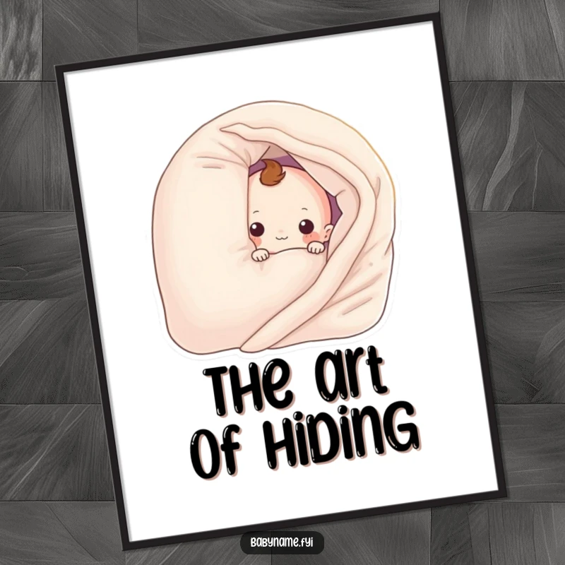 Funny baby blanket character peeking from behind a pillow, as a downloadable digital art print. Humorous nursery decor.