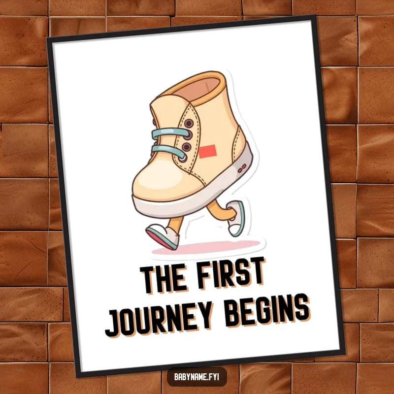 Funny baby shoe character comically trying to walk with wobbly steps, as a downloadable digital art print for nursery decor.