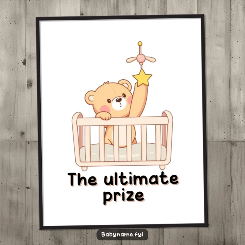Funny teddy bear in a crib reaching for a mobile, presented as a downloadable digital art print. Humorous nursery decoration.