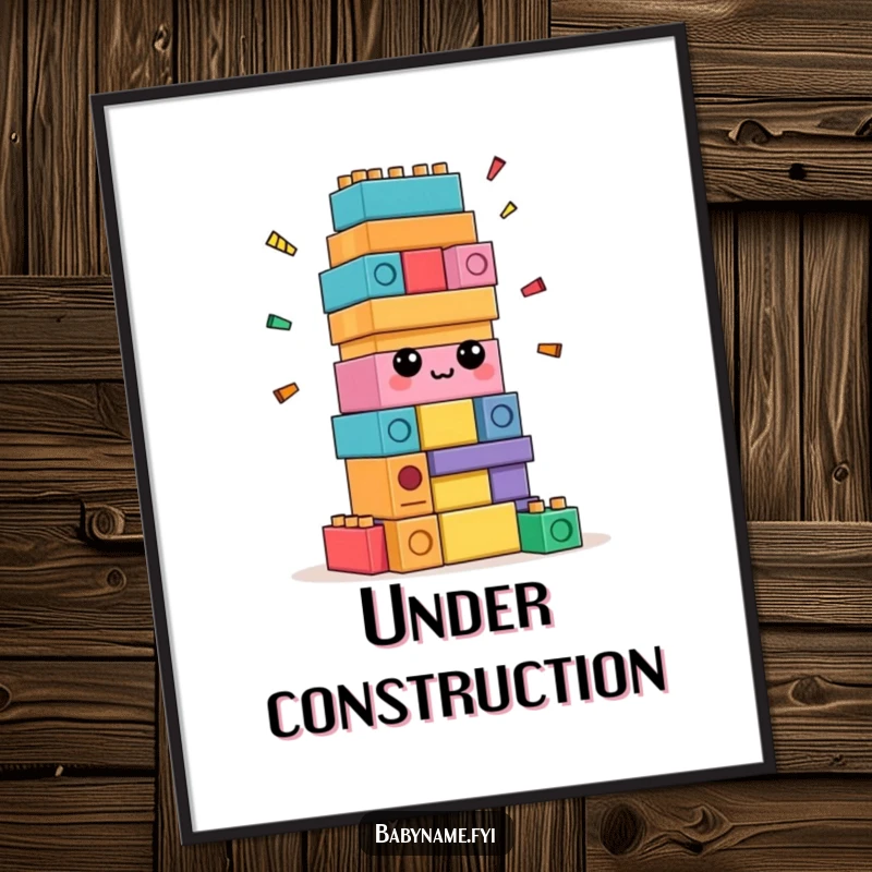 Funny confused building blocks digital art print, downloadable art of blocks attempting self-assembly, conveying playful confusion.