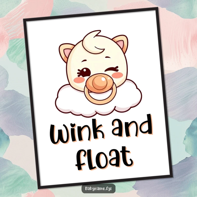 Funny Pacifier Cloud Digital Art Print: High-quality image of a mischievous pacifier character winking while floating on a cloud.