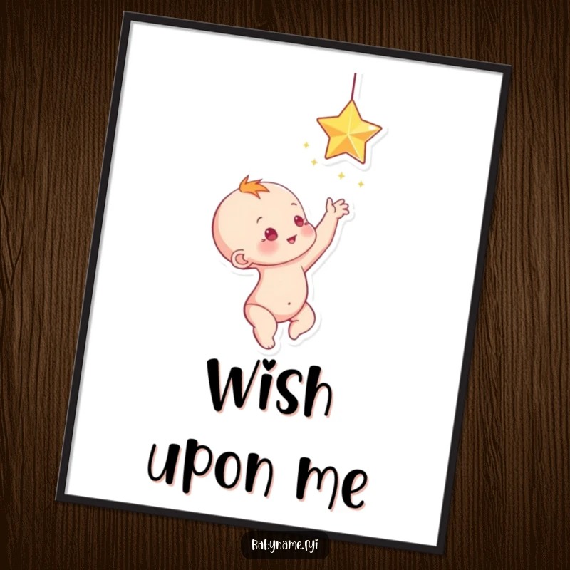 Funny baby reaching for a sparkling star, a whimsical and funny digital art print.