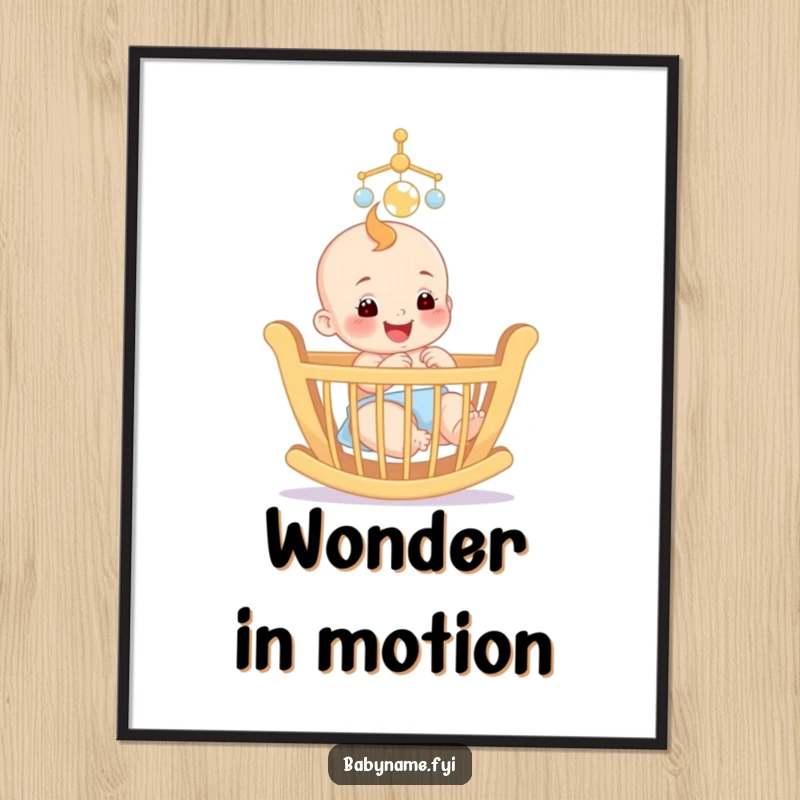 Funny digital art print of a smiling baby reaching for a colorful mobile above a crib, capturing pure joy.