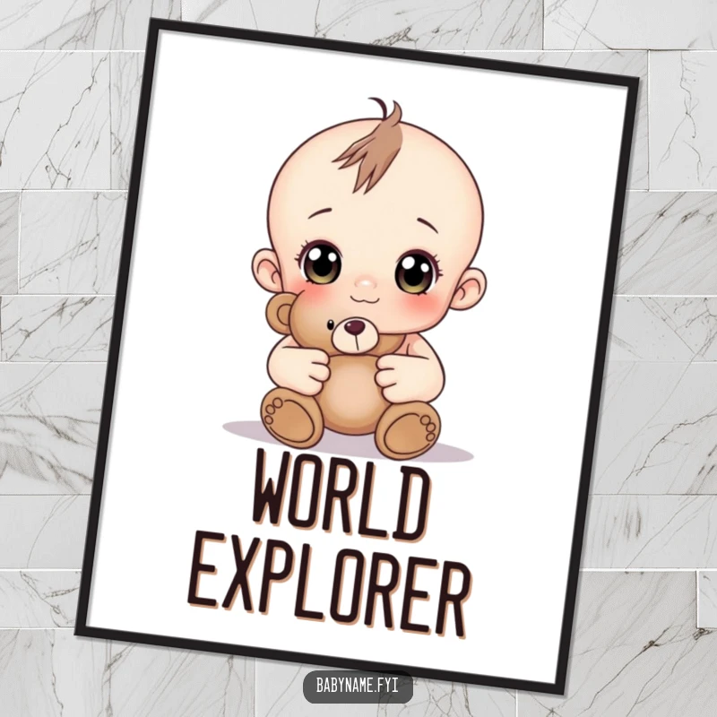 Funny baby with curious eyes holding a soft teddy bear, a charming and funny digital art print.