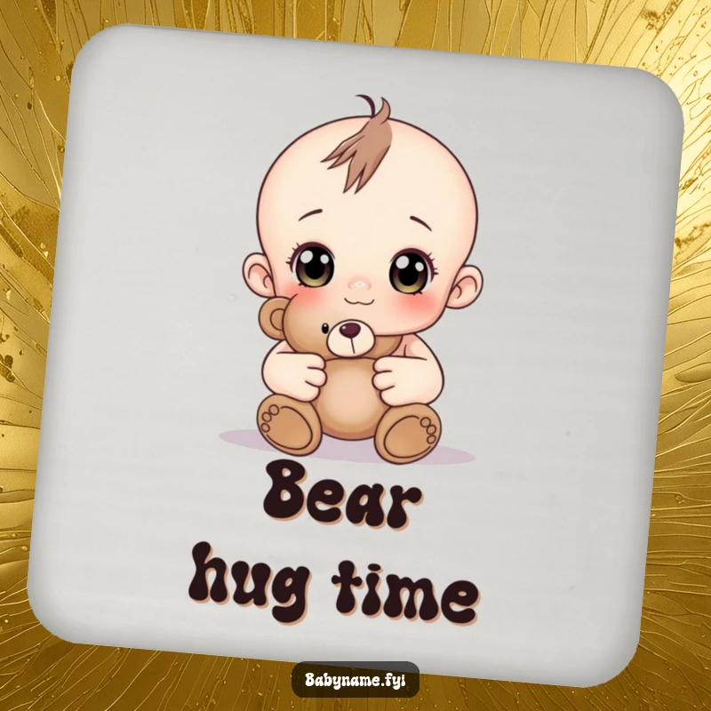 Funny baby with wide curious eyes holding a teddy bear, a cute and funny drink coaster.