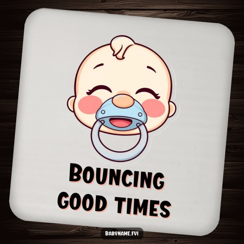 Funny pacifier coaster featuring a giggling pacifier bouncing with glee, a humorous and functional accessory for protecting surfaces.