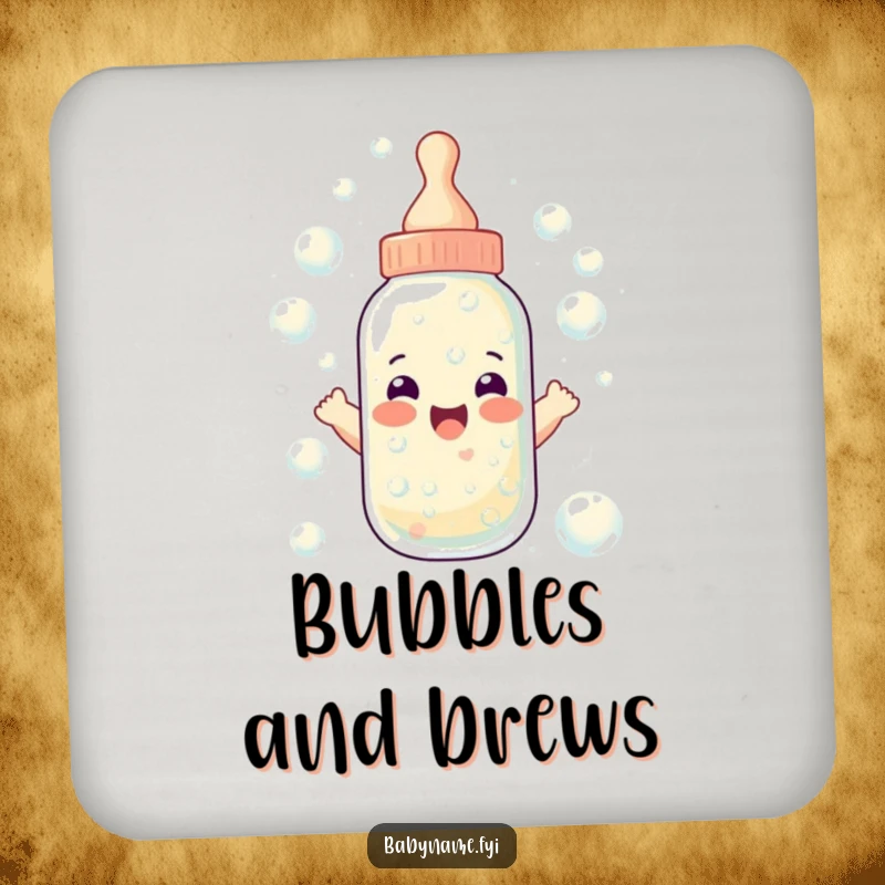 Funny baby bottle coaster featuring a bottle overflowing with cheerful bubbles, a humorous and functional accessory for protecting surfaces.