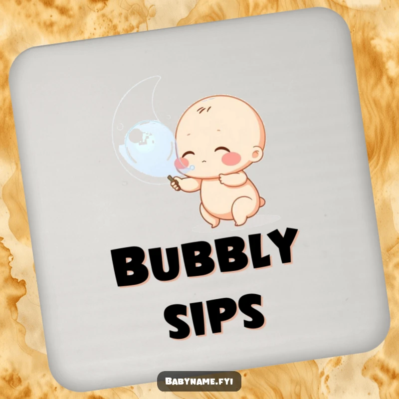 Funny baby bubble coasters, a set of protective mats featuring a chubby baby character blowing a giant bubble.