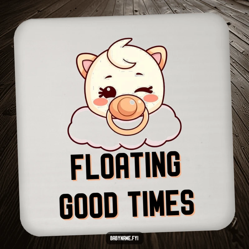 Funny Pacifier Cloud Drink Coaster: Mischievous winking pacifier character floating on a cloud, protecting surfaces with charm.