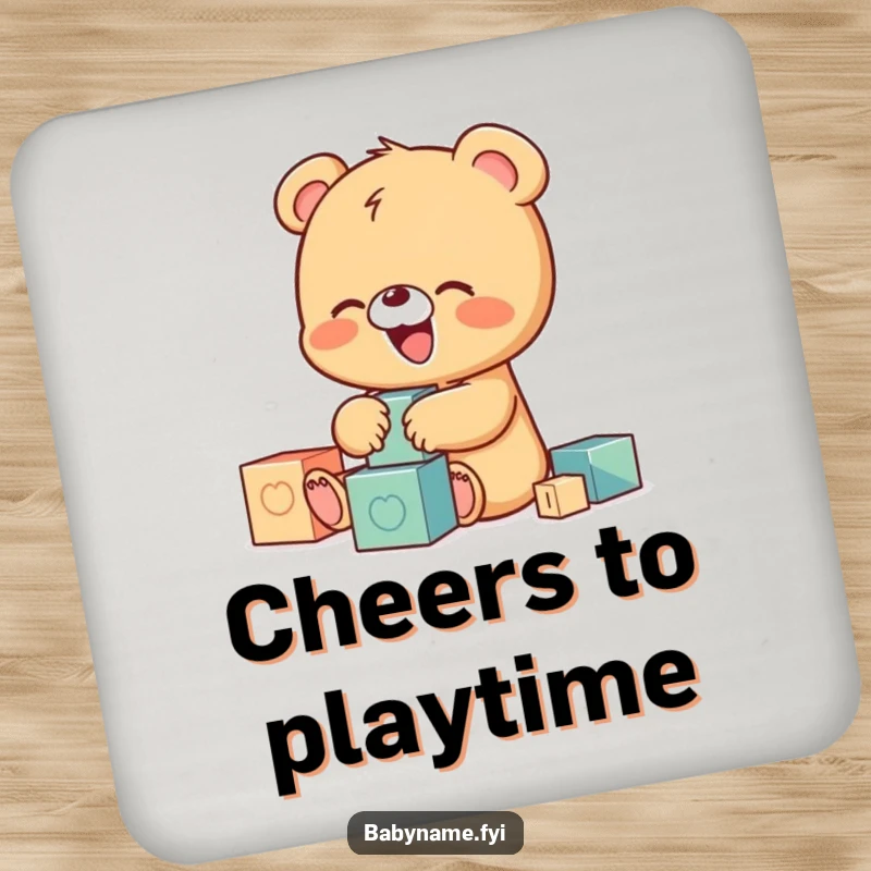 Funny drink coaster with a tiny baby bear character giggling while playing with building blocks, protecting surfaces with playful charm.