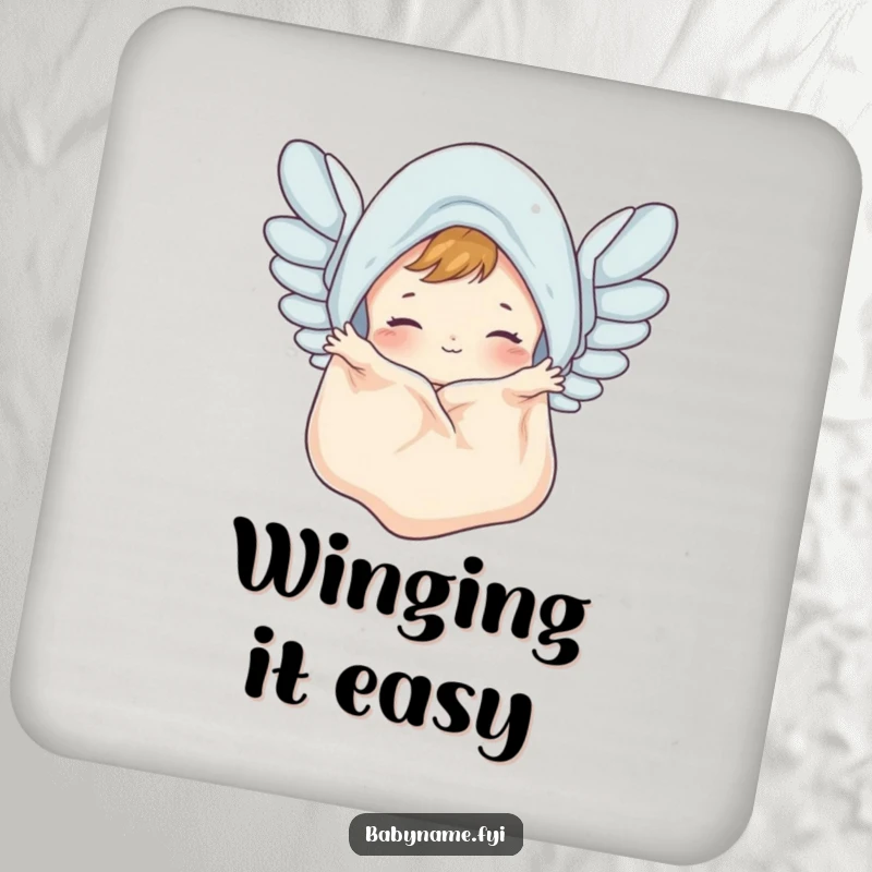 Funny baby blanket coaster featuring a cute blanket flapping like wings, a humorous and functional accessory for protecting surfaces.